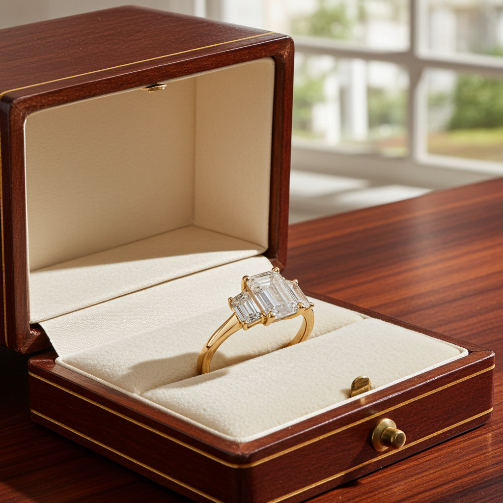 Anello trilogy in oro giallo 18k e diamanti naturali taglio smeraldo 3.03ct