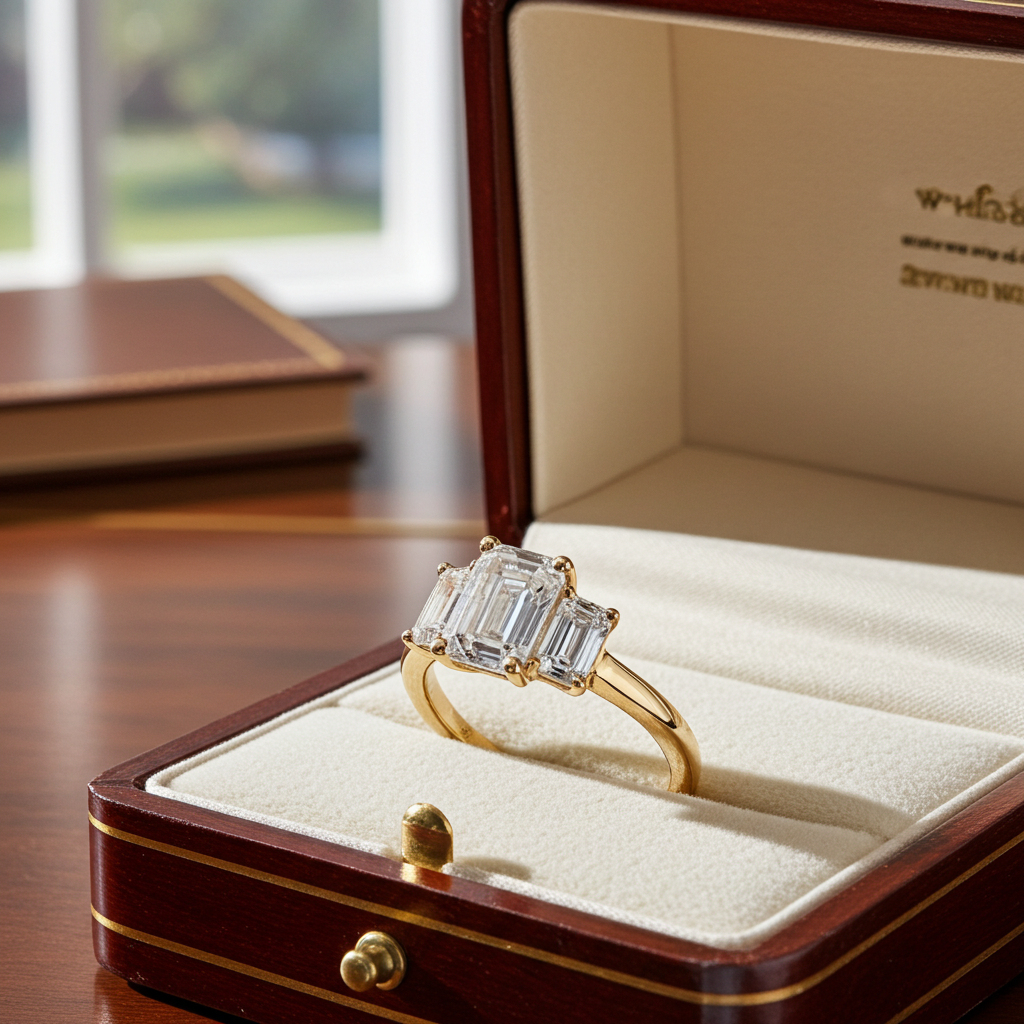 Anello trilogy in oro giallo 18k e diamanti naturali taglio smeraldo 3.03ct