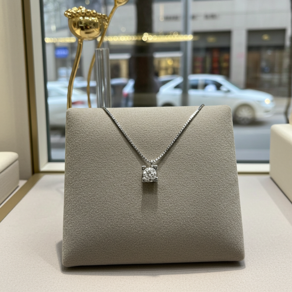 Collana punto luce certificato HRD in oro bianco con diamante naturale 0,13 ct