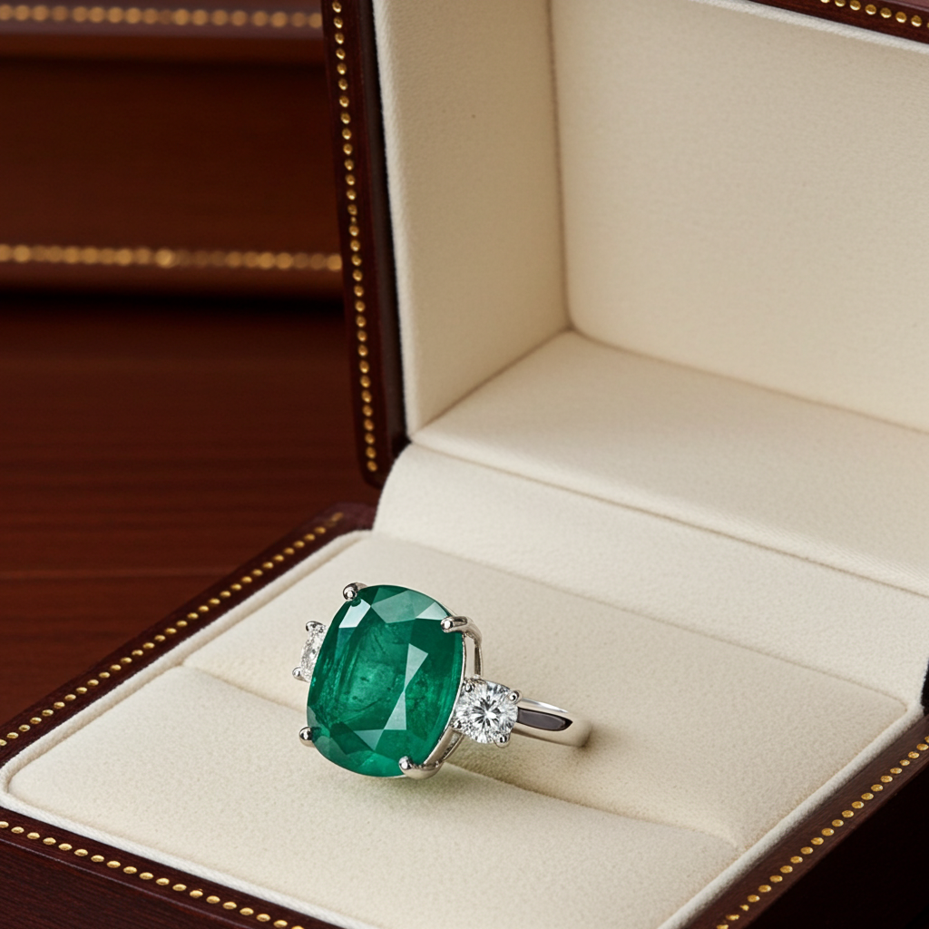 Anello trology in oro bianco e smeraldo 7.30 ct  e diamanti naturali 0.50ct