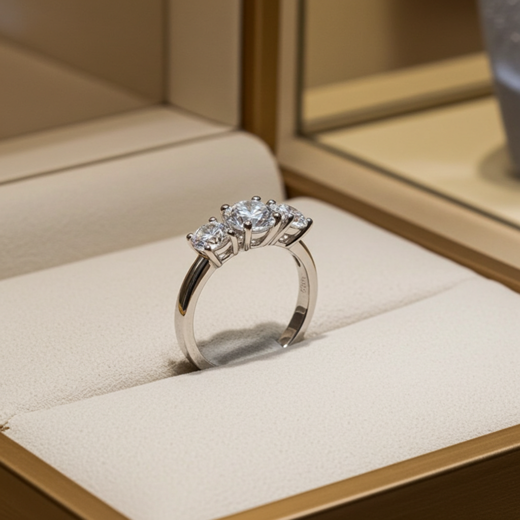 Anello Trilogy certificato IGI in oro bianco 18k e 3  diamanti naturali 0,74 ct