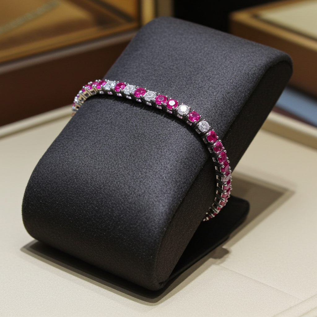 Bracciale tennis - Oro Bianco 18k -  3,50 ct Diamante Naturale e Rubini