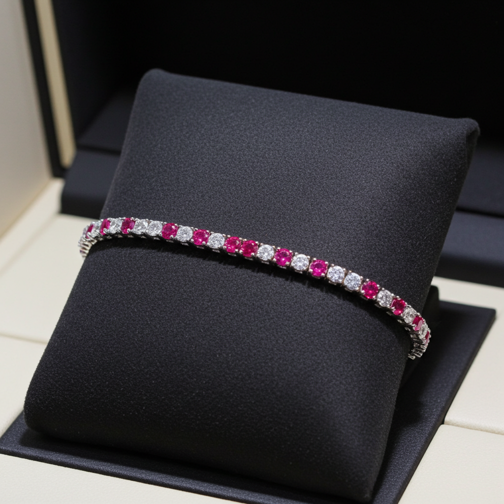 Bracciale tennis - Oro Bianco 18k -  3,50 ct Diamante Naturale e Rubini