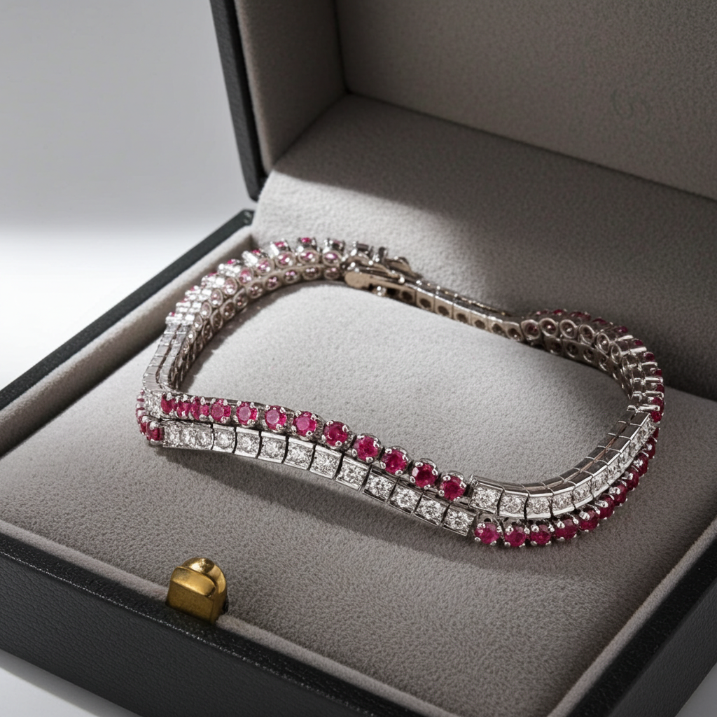 Bracciale tennis in oro bianco e rubino naturali e diamanti naturali 9.00ct