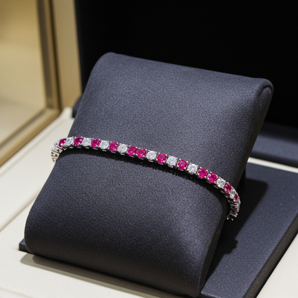 Bracciale tennis - Oro Bianco 18k -  3,50 ct Diamante Naturale e Rubini