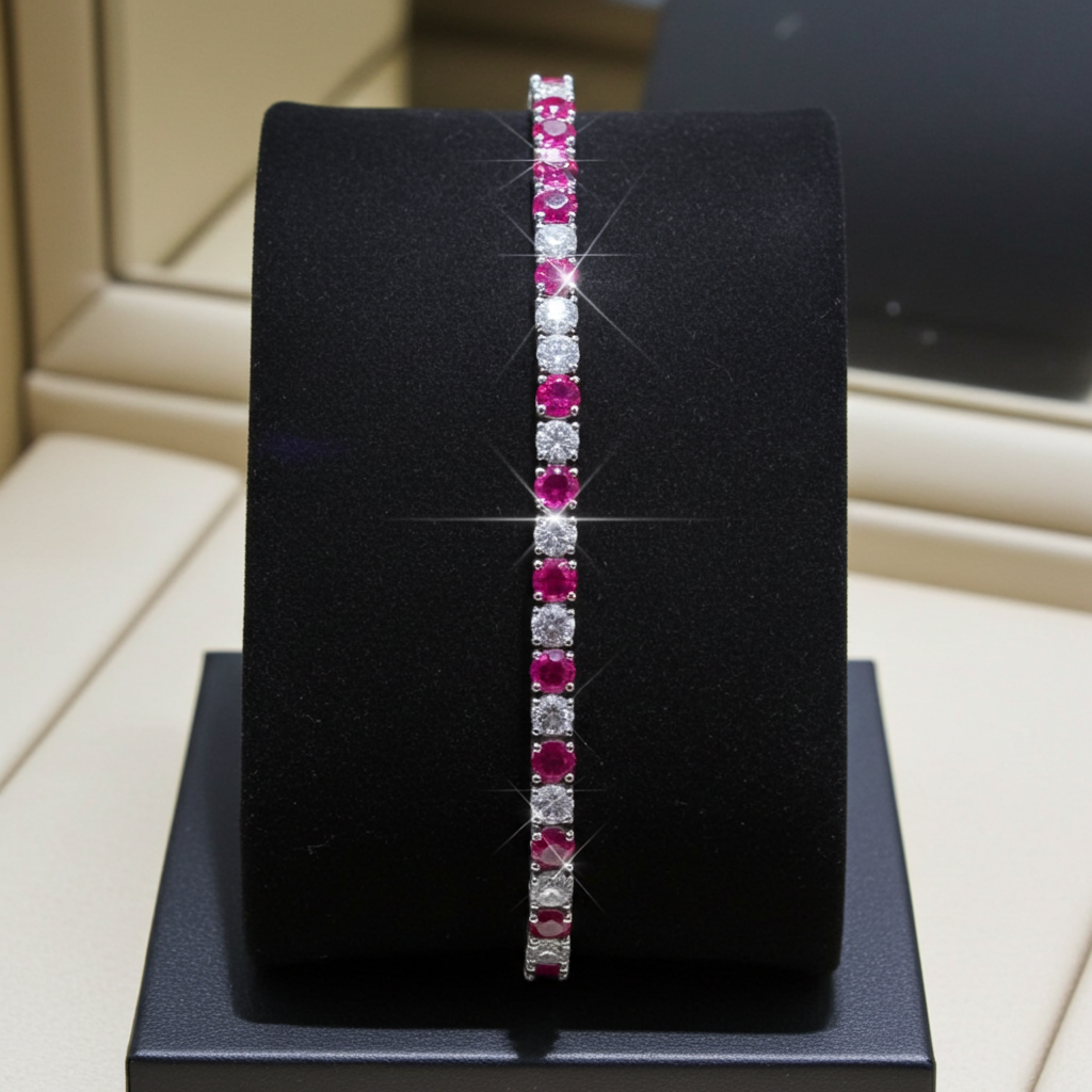Bracciale tennis - Oro Bianco 18k -  3,50 ct Diamante Naturale e Rubini