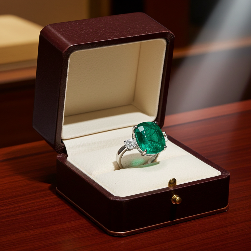 Anello trology in oro bianco e smeraldo 7.30 ct  e diamanti naturali 0.50ct