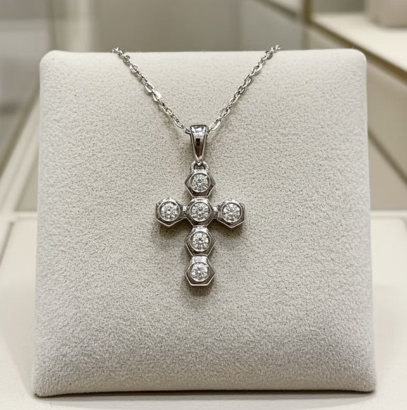 Collana croce con ciondolo - 18 carati Oro Bianco - 0,60 ct Diamanti Na
