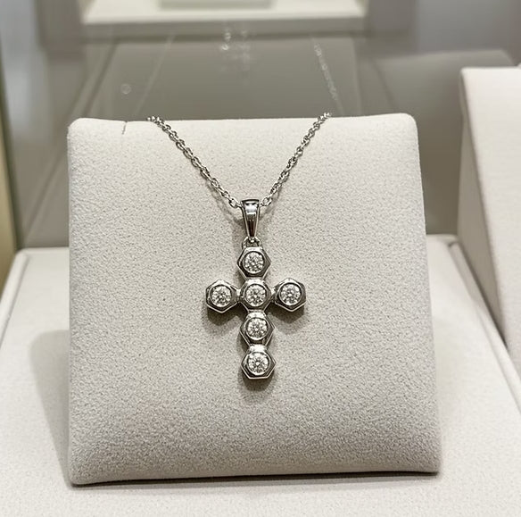 Collana croce con ciondolo - 18 carati Oro Bianco - 0,60 ct Diamanti Na