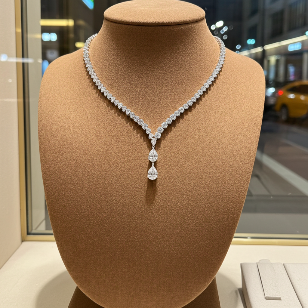 Collana tennis in oro bianco 18k e diamanti naturali taglio pera 37.50ct
