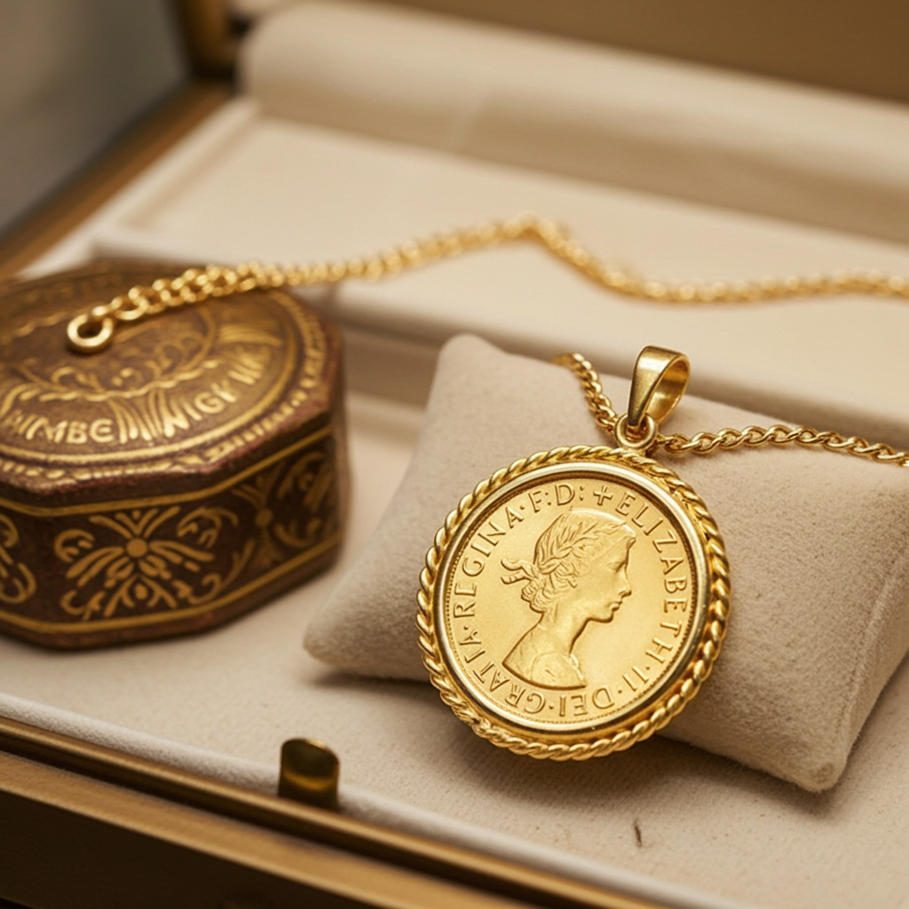 Ciondolo in oro giallo con sterline ELISABETTA II incastonato oro 22k