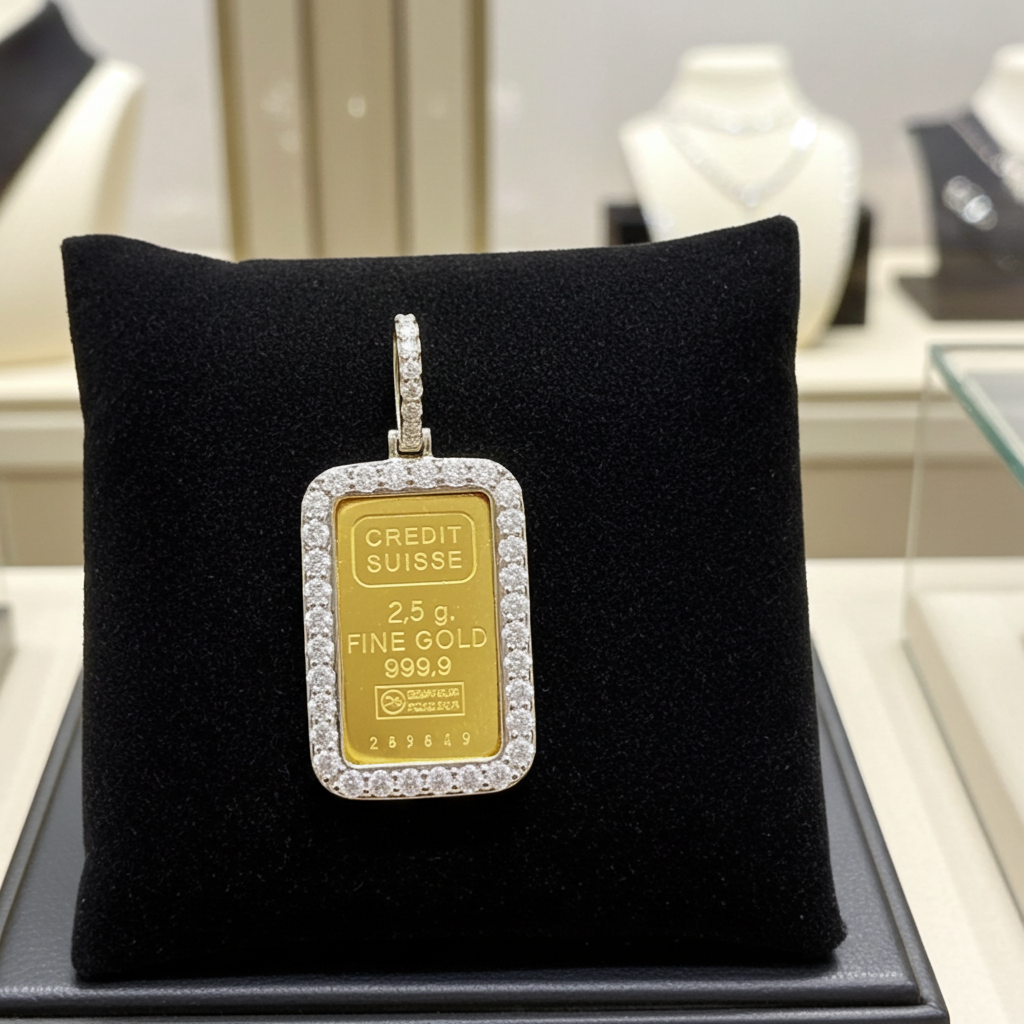 Ciondolo in oro con Lingotto 24k da 2,5 Gr e diamanti naturali 1.10ct
