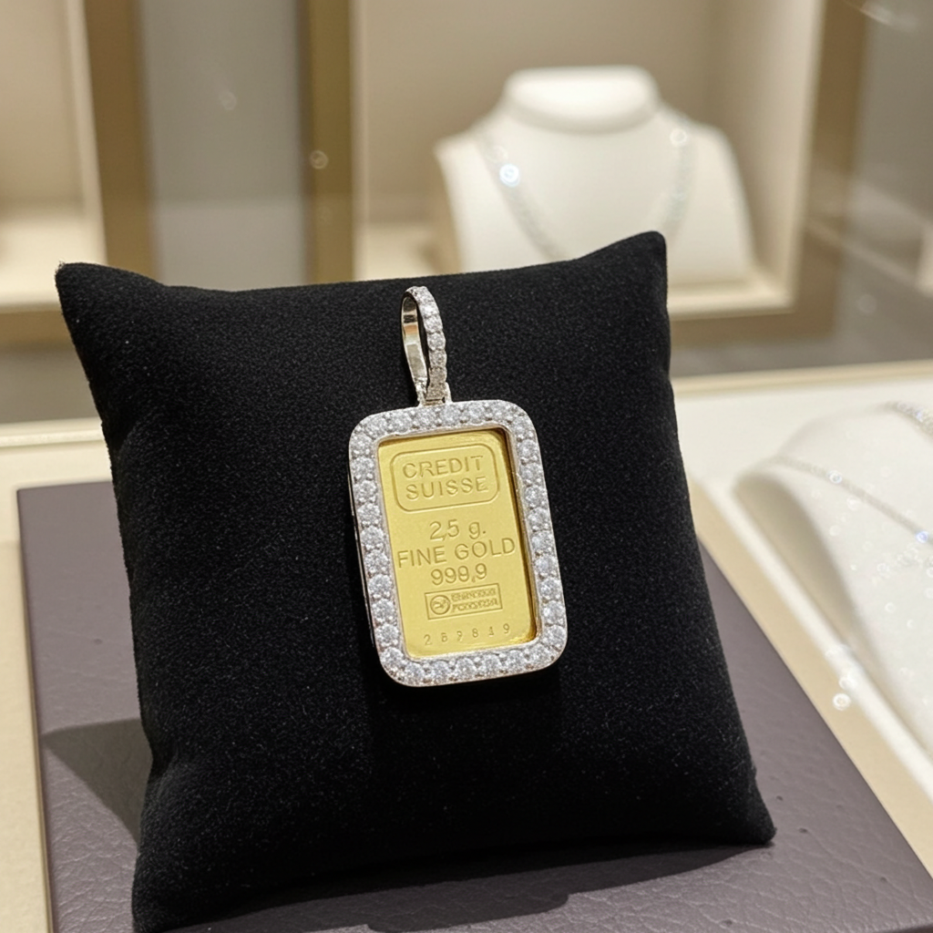 Ciondolo in oro con Lingotto 24k da 2,5 Gr e diamanti naturali 1.10ct
