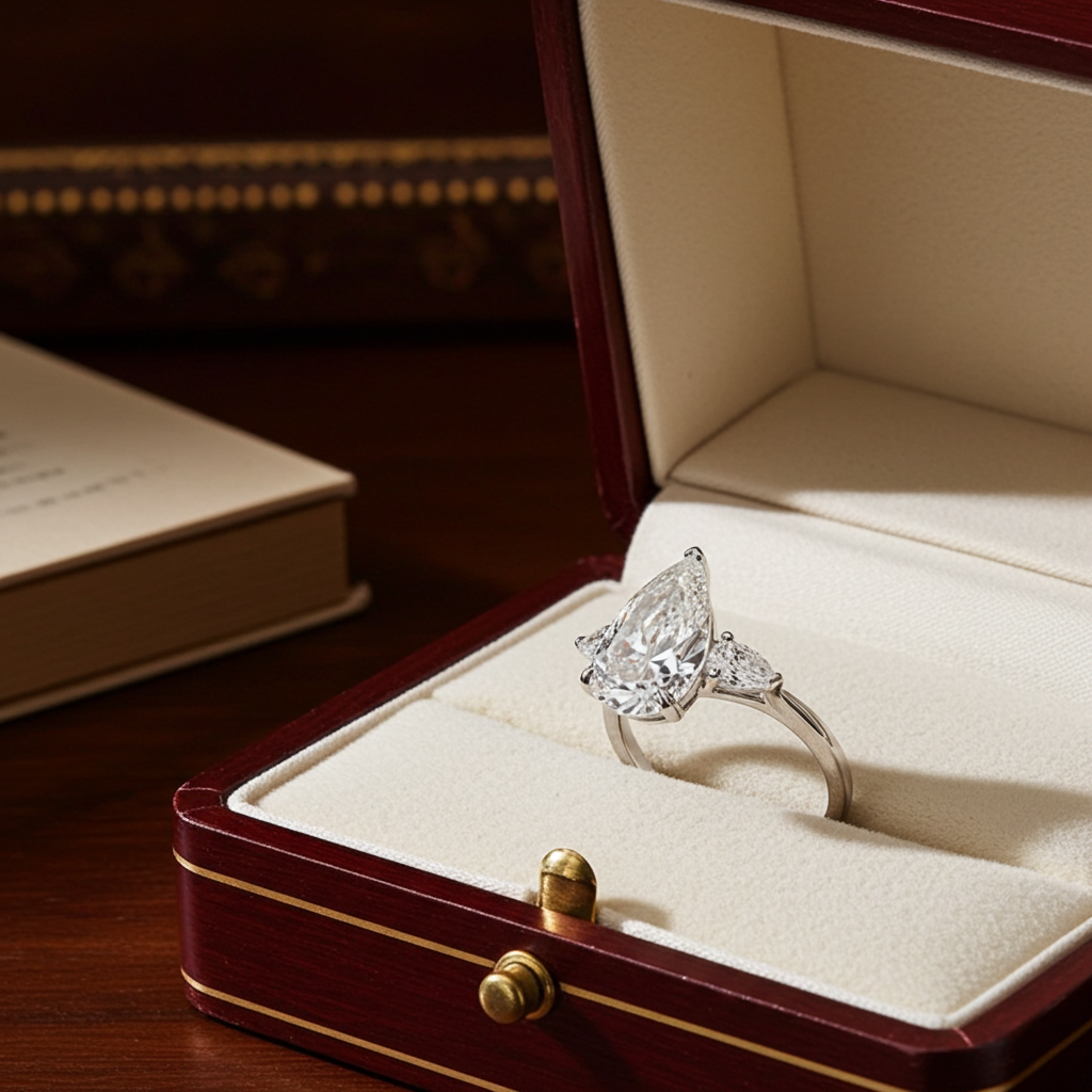 Anello trilogy in oro bianco e diamanti naturali taglio pera 3.10ct