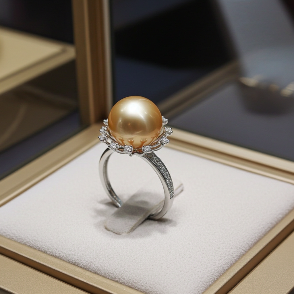 Anello - Oro bianco 18 kt, rotondo, 12  mm - Perle Naturale Australiano - Diamante