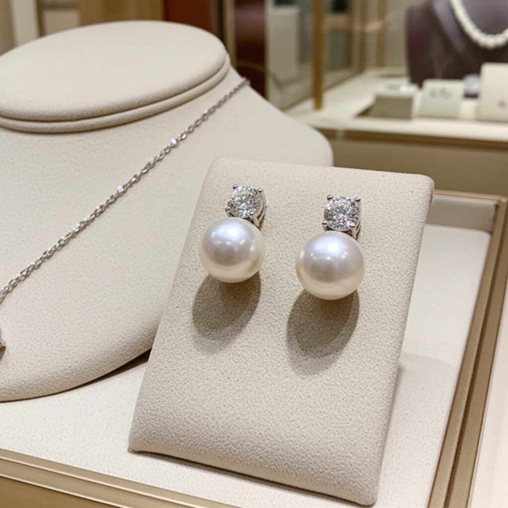 Orecchini - 18 carati Oro Bianco - Diamanti Naturali 0,20ct - Perla bianca 8 mm