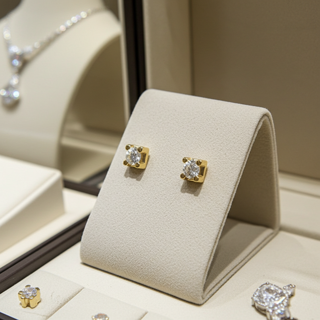 orecchini punto luce quadrato in oro giallo 18k e 2 diamante naturali 0,70 ct